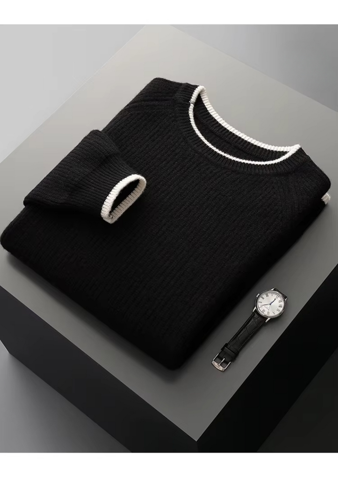 All-season men's crew neck ribbed sweater, providing comfort for year-round casual wear.