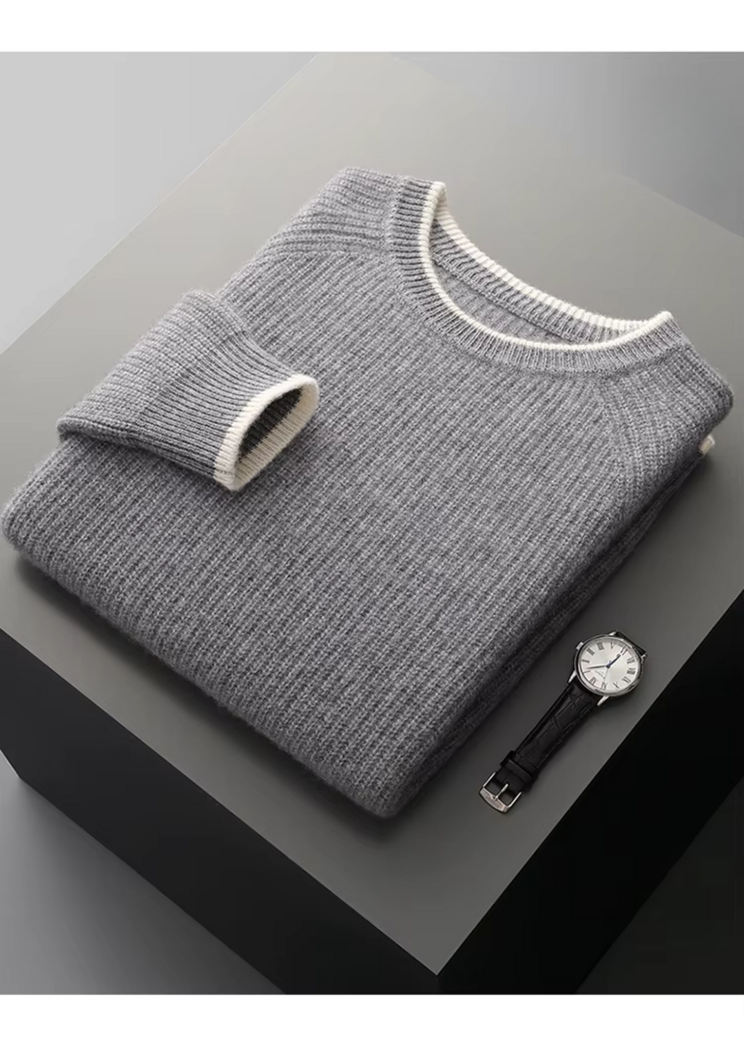 Classic men's ribbed crew neck sweater, designed for everyday comfort, style, & versatility.