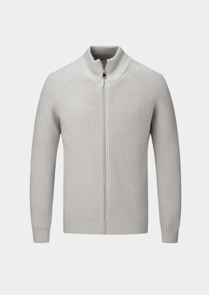 Men's ribbed funnel neck zip cardigan. Smart casual layering piece for all seasons.