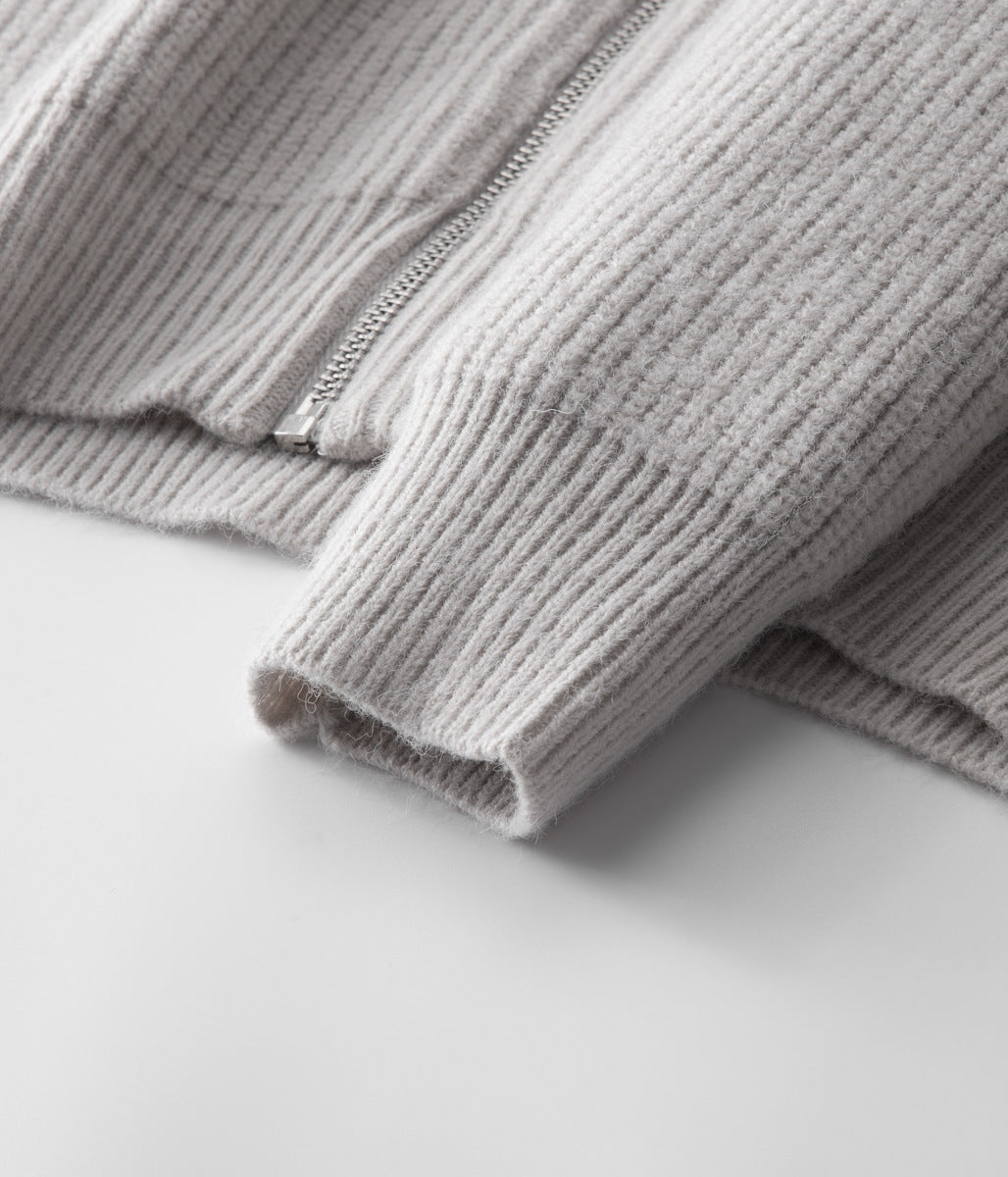 Men's all-season ribbed cardigan with a funnel neck and full zip. Versatile smart casual wear.