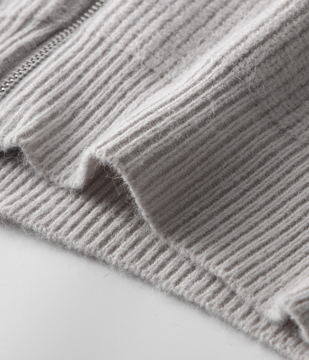 Sophisticated men's zip-up jacket. Ribbed knit, funnel neck. Great for layering in any season.