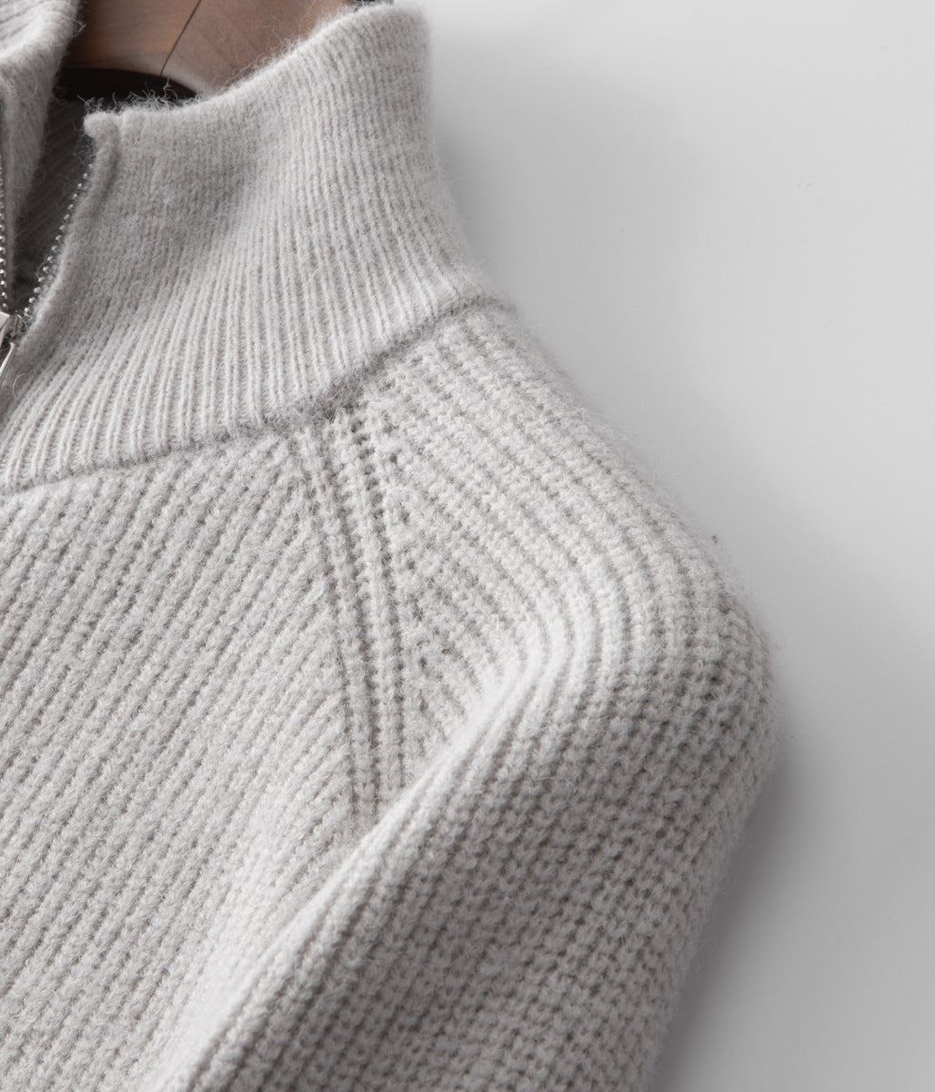 Men's stylish ribbed cardigan. Funnel neck, full zip. A comfortable and fashionable layering jacket.
