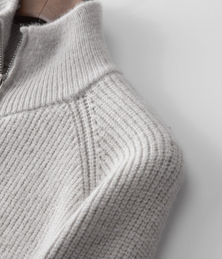 Men's stylish ribbed cardigan. Funnel neck, full zip. A comfortable and fashionable layering jacket.