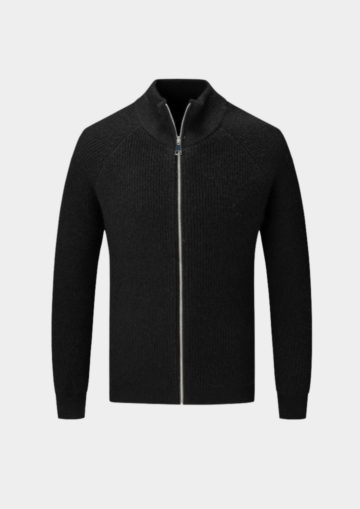 Practical men's funnel neck zip cardigan. Ribbed design for a smart casual look. All-season wear.