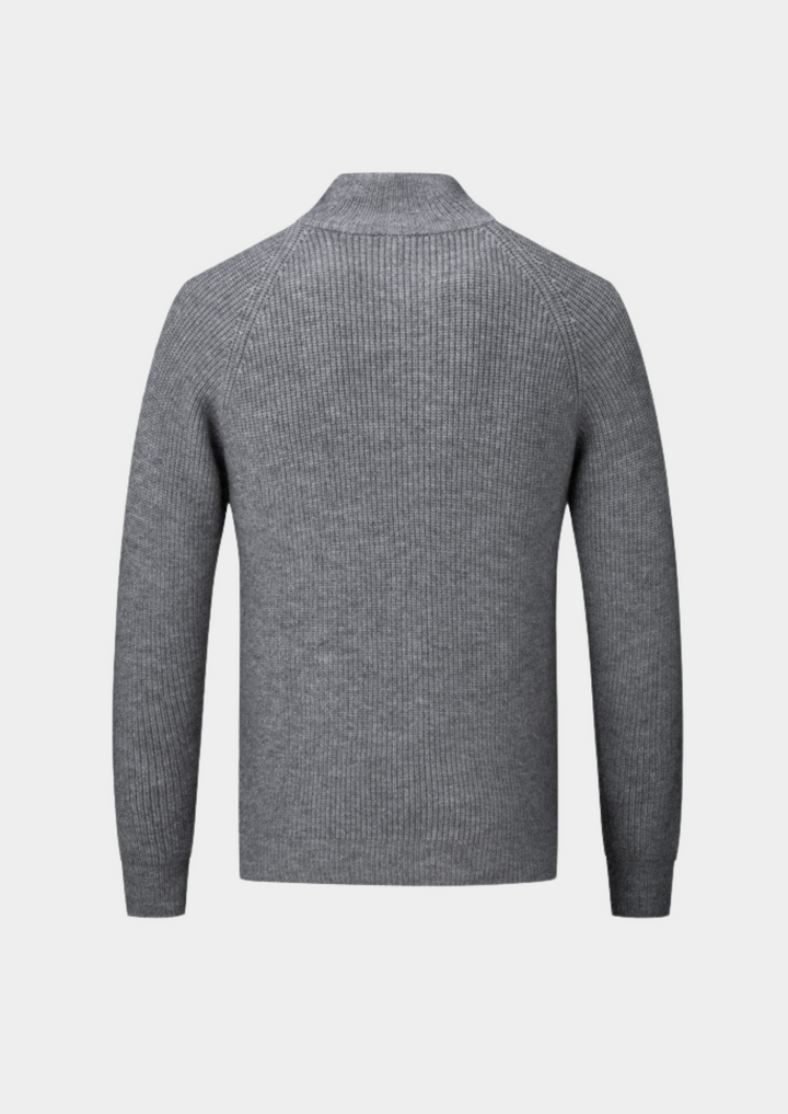 Modern men's funnel neck cardigan. Ribbed knit, full zip. Ideal for smart casual layering.