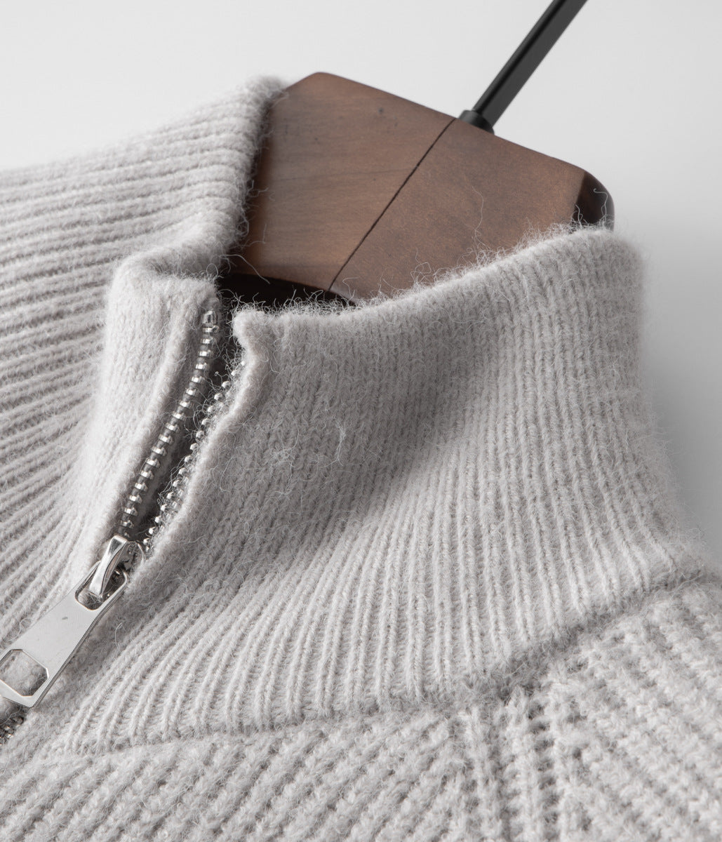 Classic men's ribbed cardigan. Zip-front, funnel neck. Essential layering piece for men's fashion.