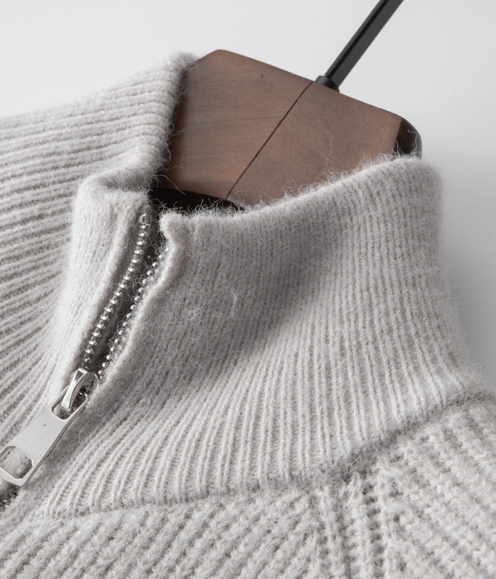 Classic men's ribbed cardigan. Zip-front, funnel neck. Essential layering piece for men's fashion.
