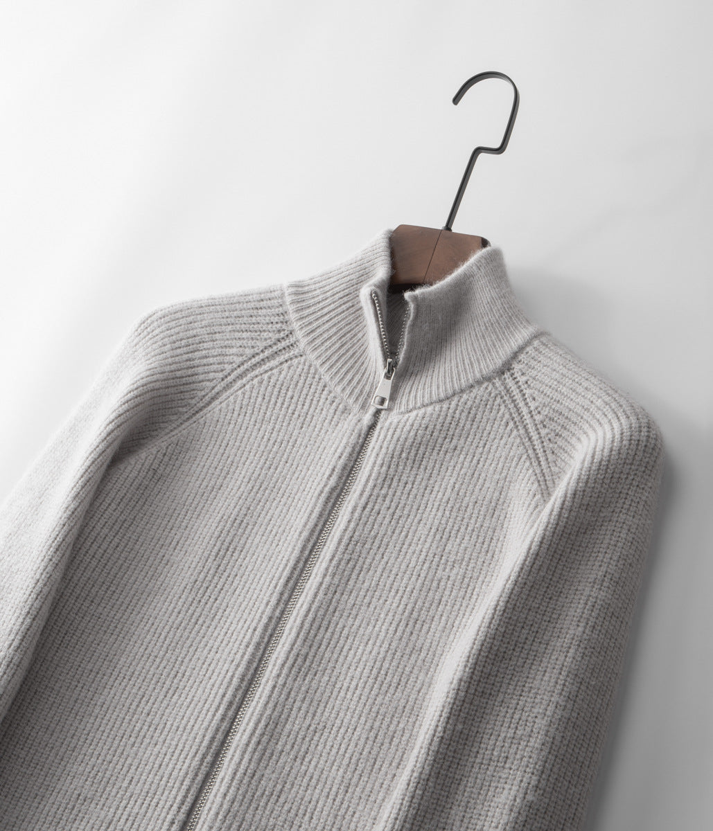 High-quality men's ribbed funnel neck zip cardigan. Durable & stylish for all seasons and occasions.