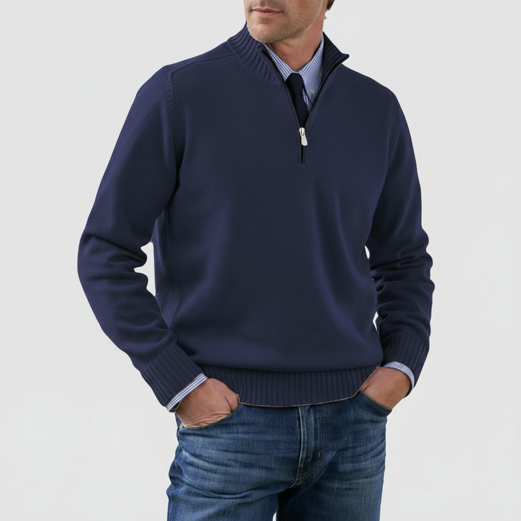 Man wearing a comfortable ribbed half-zip mock neck cardigan, demonstrating elegant layering & smart casual style.