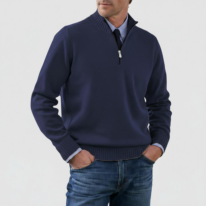 Man wearing a comfortable ribbed half-zip mock neck cardigan, demonstrating elegant layering & smart casual style.