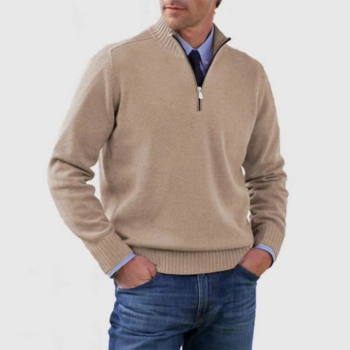 Premium men's ribbed knit half-zip sweater with mock neck and ribbed trim for a sophisticated fall/winter look.