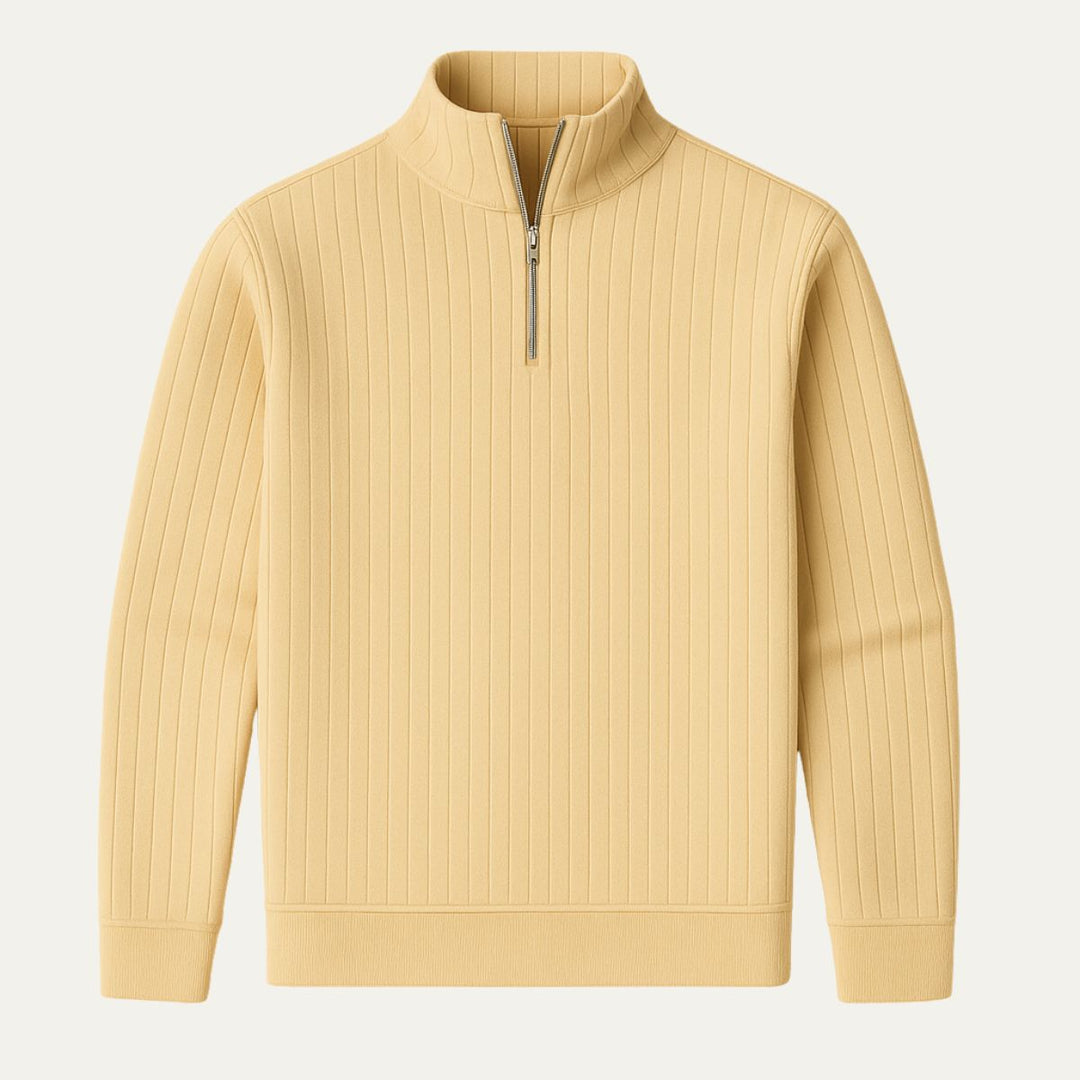 Men's ribbed half-zip sweater with stand collar, perfect for casual layering and fall style.
