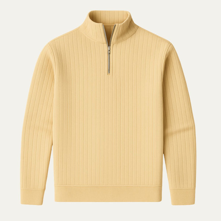 Men's ribbed half-zip sweater with stand collar, perfect for casual layering and fall style.