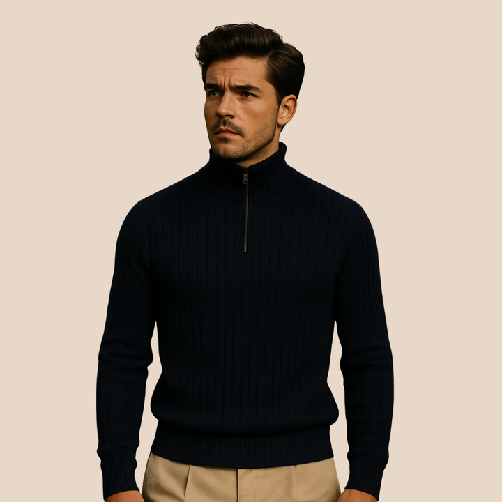 Essential men's half-zip ribbed sweater with a stylish stand collar, great for versatile fashion.