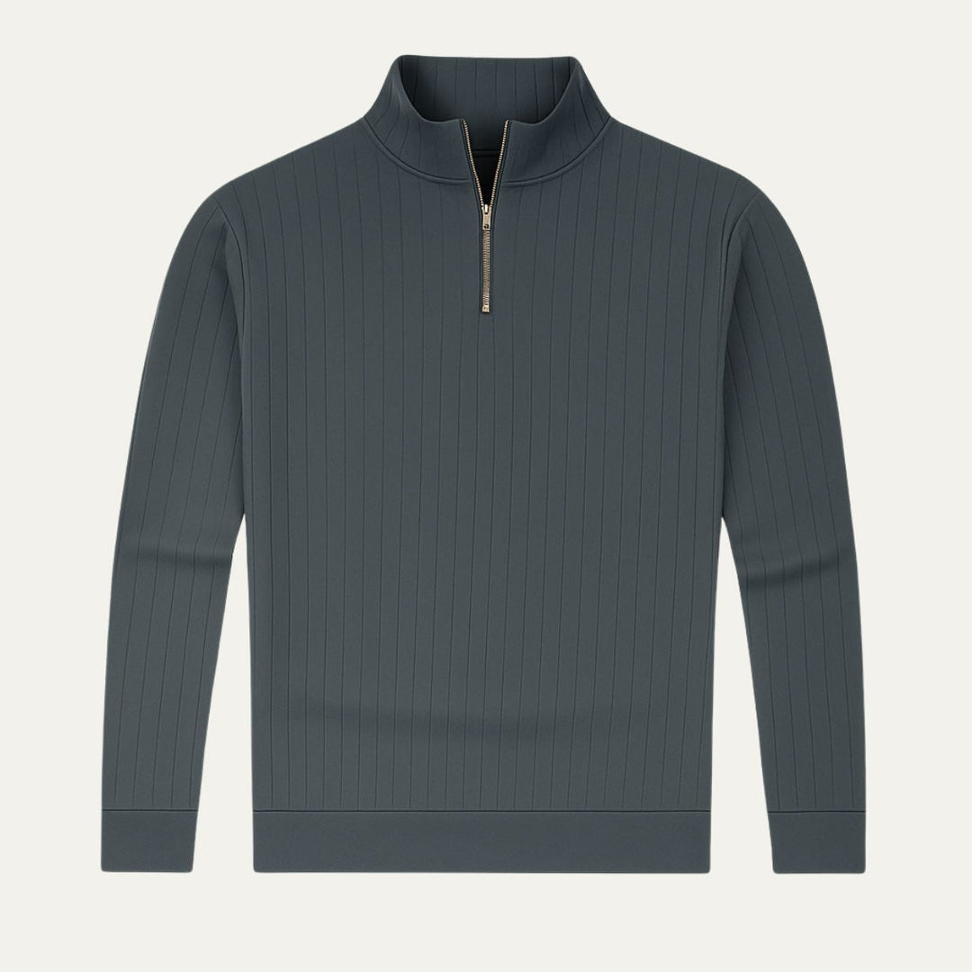 Versatile men's ribbed half-zip sweater with stand-up collar, great for fall and winter outfits.