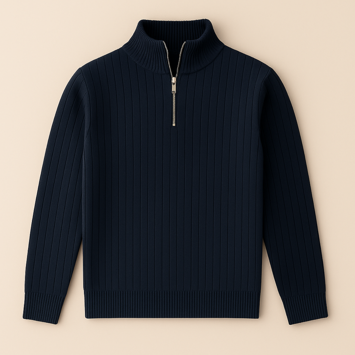 Fall/winter men's half-zip ribbed sweater, an essential layering piece for smart-casual style.