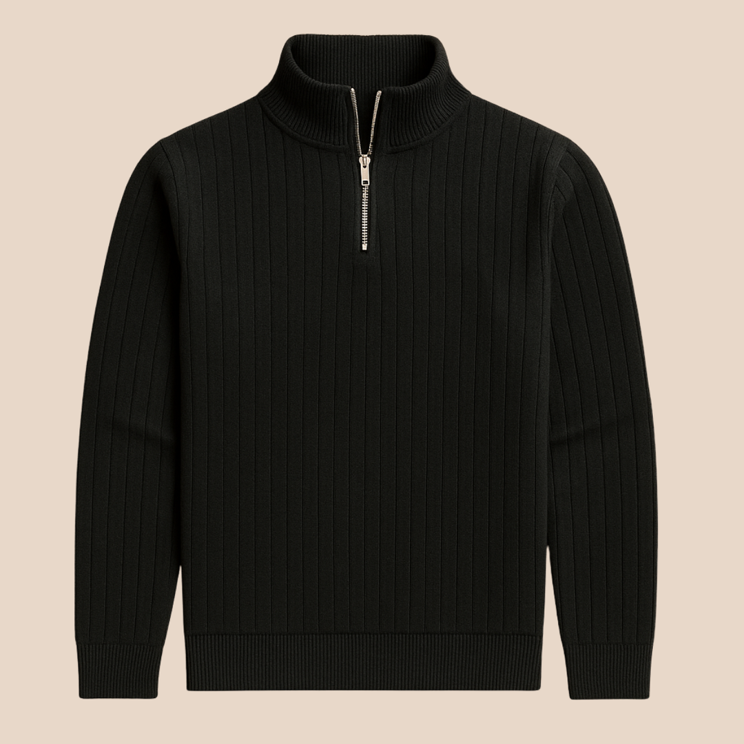 Classic men's ribbed half-zip sweater, a staple casual jumper for everyday comfort and style.