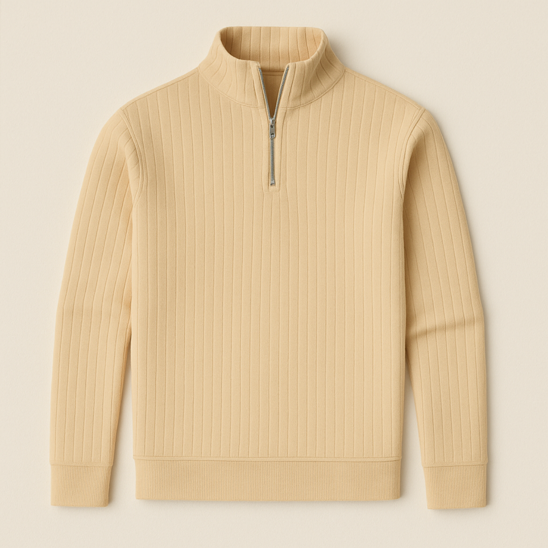 Warm ribbed men's half-zip sweater, perfect for layering during colder fall & winter seasons.