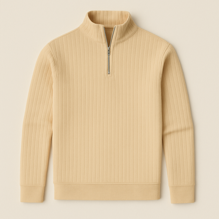 Warm ribbed men's half-zip sweater, perfect for layering during colder fall & winter seasons.