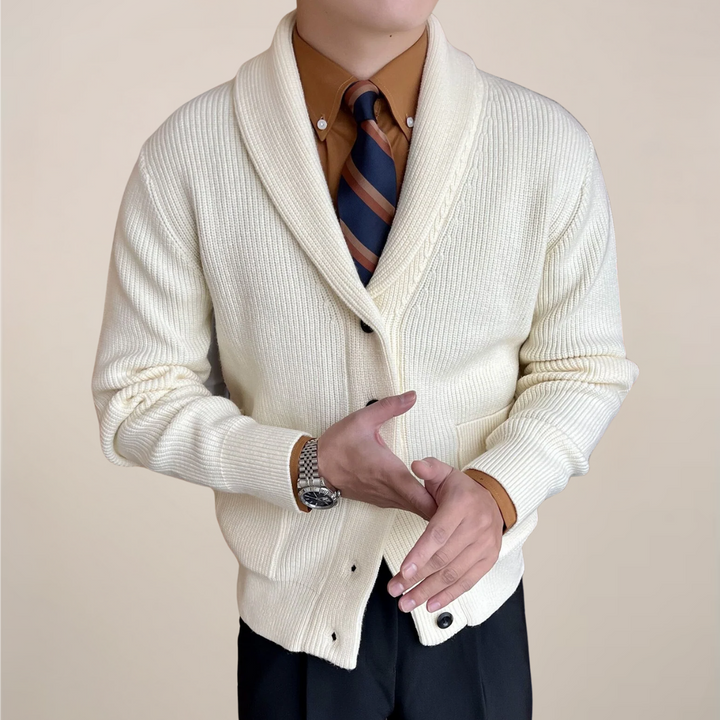 Men's ribbed knit cardigan sweater with a stylish shawl collar and button-up front, perfect for autumn layering.