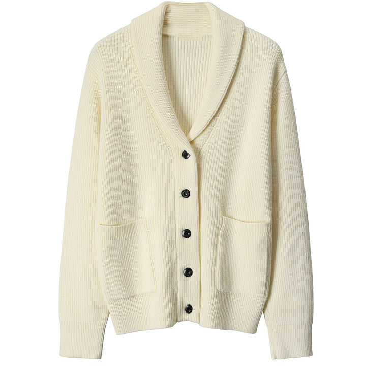 Stylish men's smart casual ribbed knit cardigan with a shawl collar, ideal for versatile autumn & winter layering.