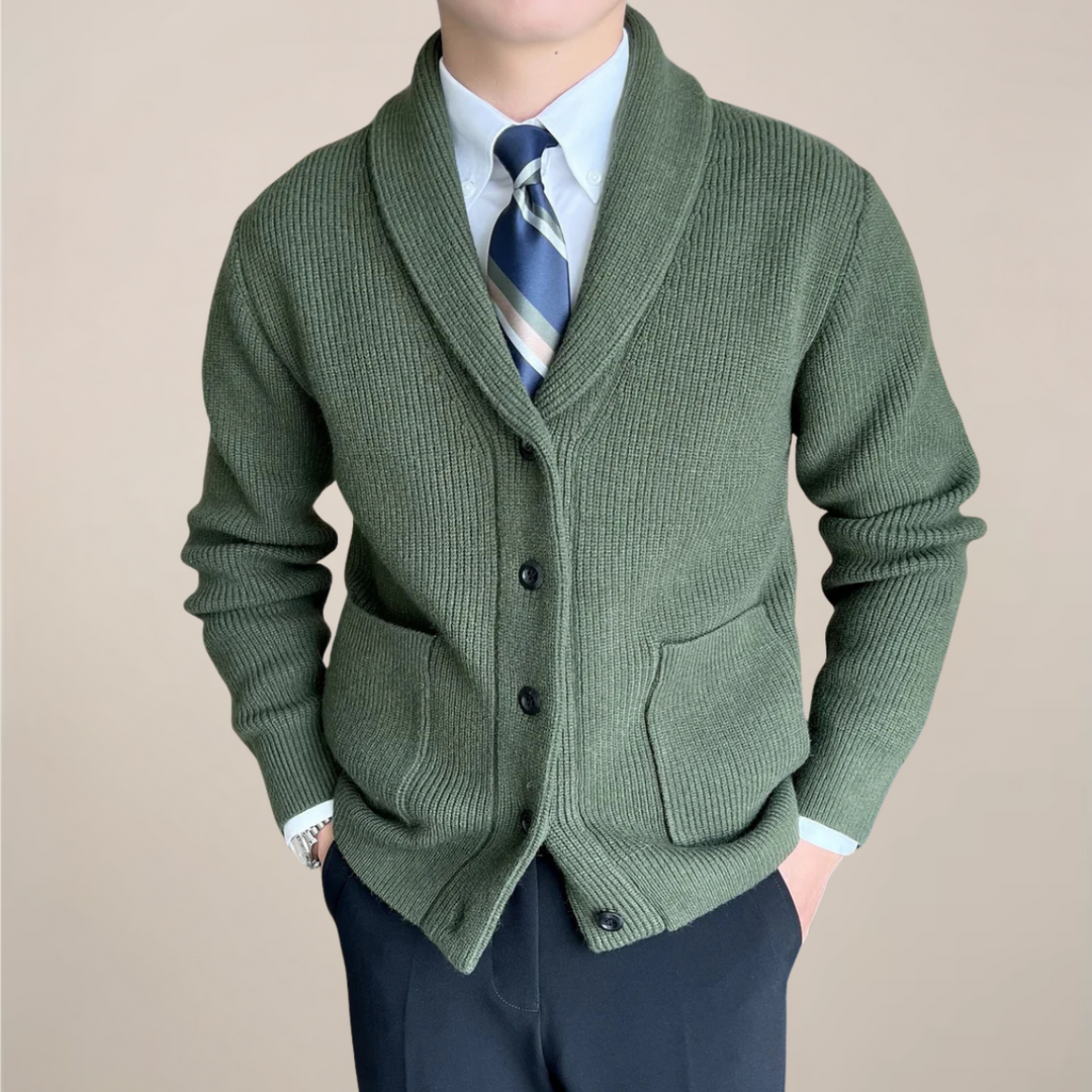 Classic men's button-up ribbed knit cardigan sweater with a cozy shawl collar, essential for casual cool weather.