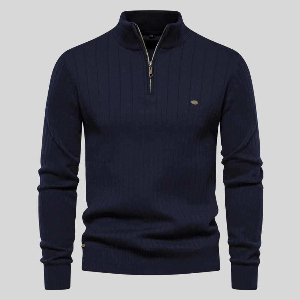 Men's ribbed mock neck half zip sweater. Ideal for versatile smart casual fall & winter layering.
