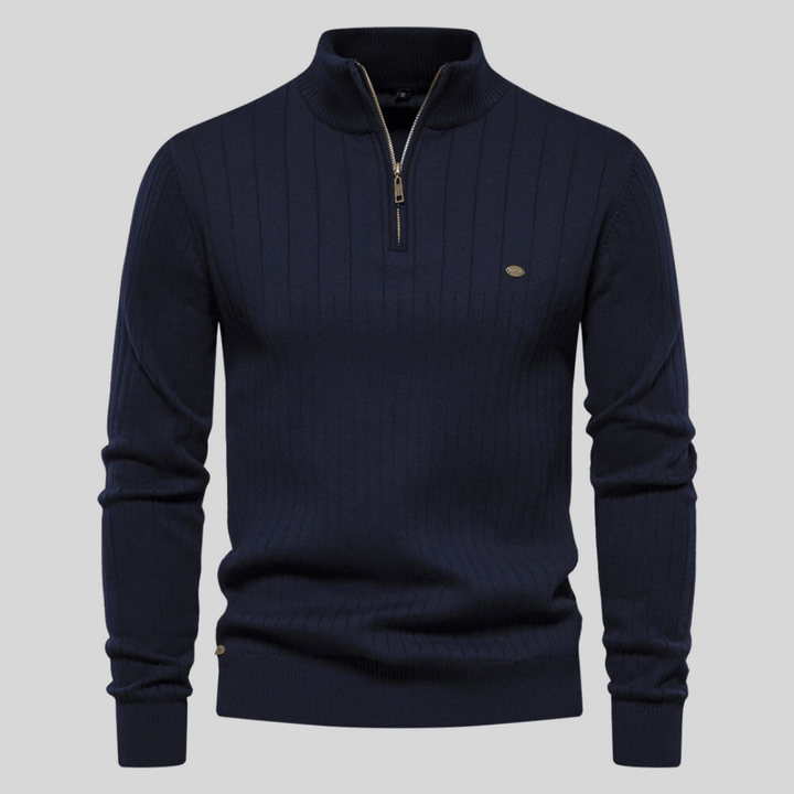 Men's ribbed mock neck half zip sweater. Ideal for versatile smart casual fall & winter layering.