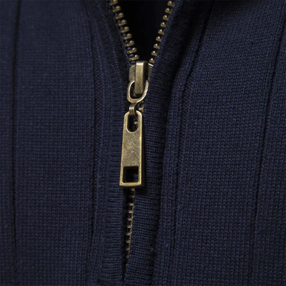 Stylish men's mock neck half zip sweater in a ribbed texture, perfect for everyday & smart casual wear.