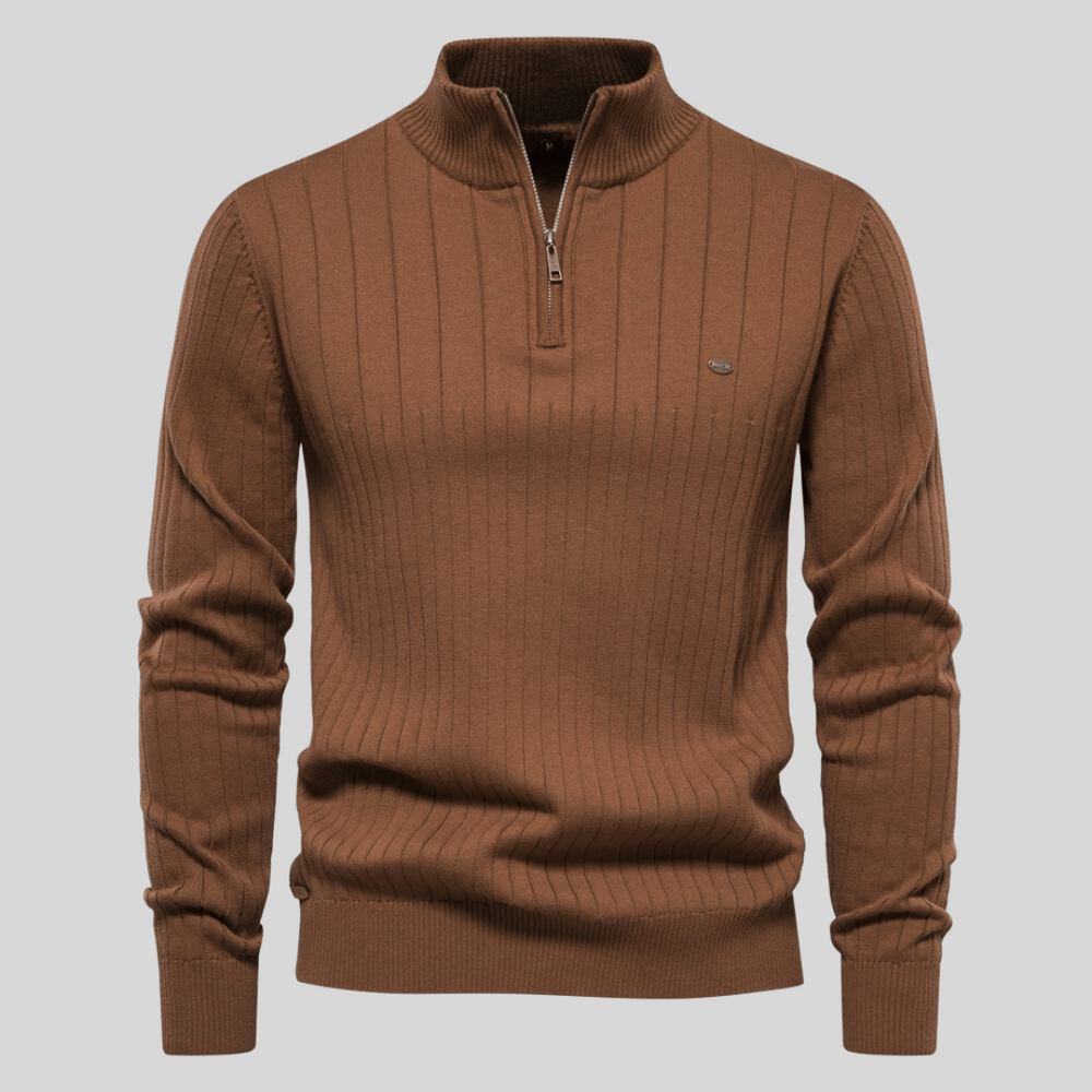 Warm men's ribbed half zip sweater, mock neck design for winter style, suitable for all occasions.