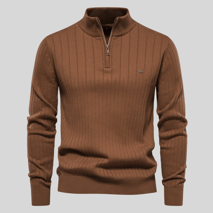 Warm men's ribbed half zip sweater, mock neck design for winter style, suitable for all occasions.