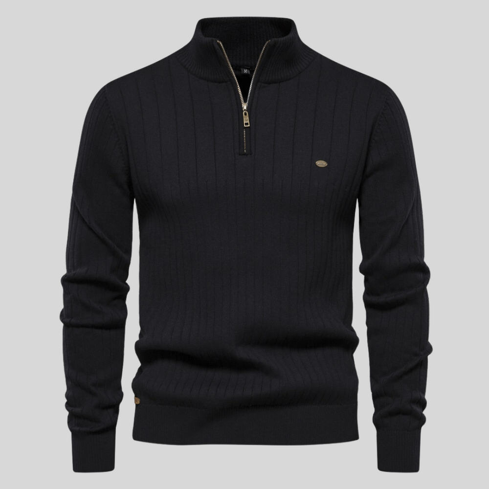 Modern men's long sleeve sweater with a stylish ribbed mock neck and functional half zip closure.
