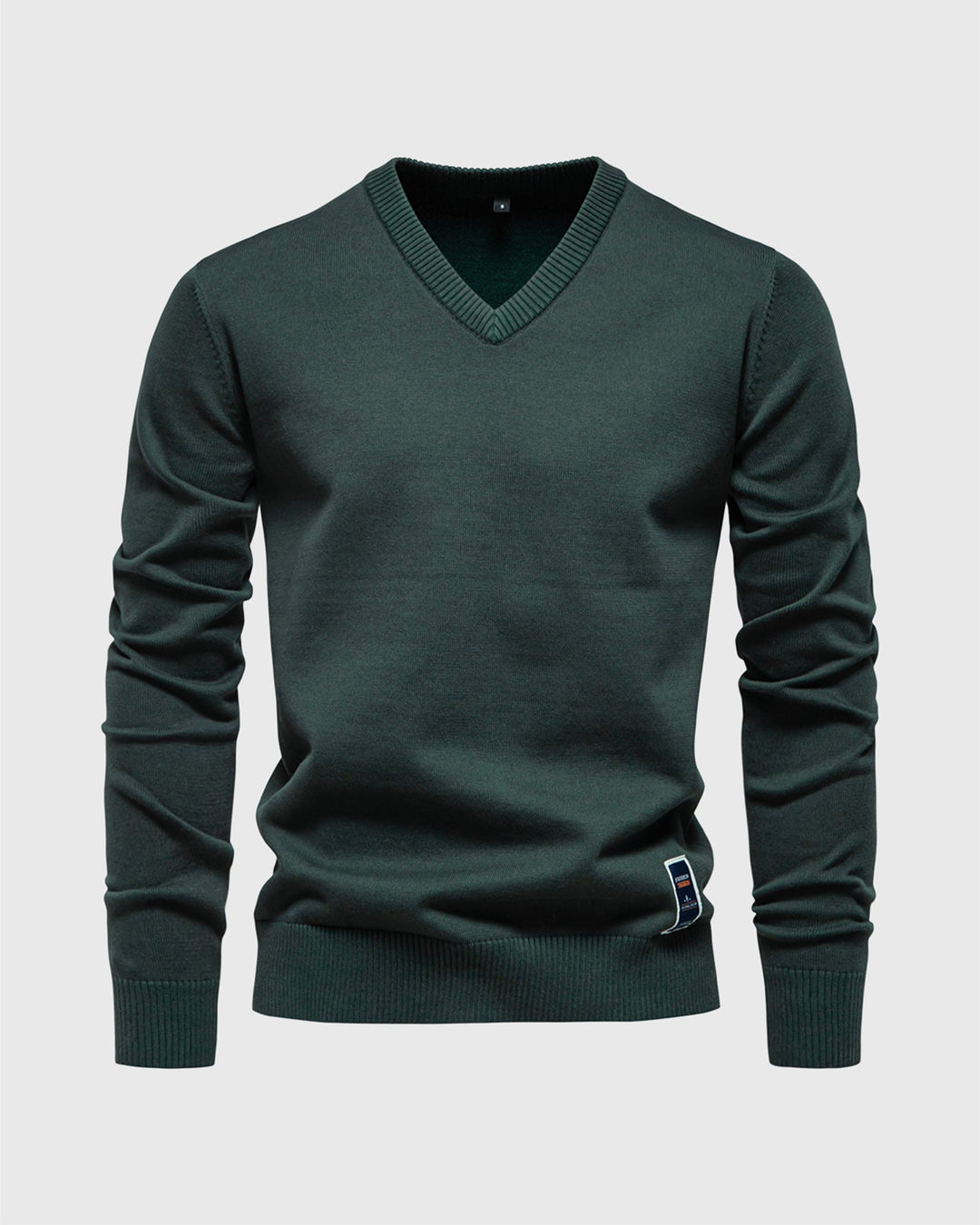 Navy blue men's V-neck ribbed long sleeve sweater, perfect for a polished casual look.