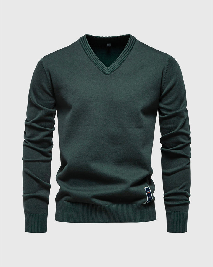 Navy blue men's V-neck ribbed long sleeve sweater, perfect for a polished casual look.