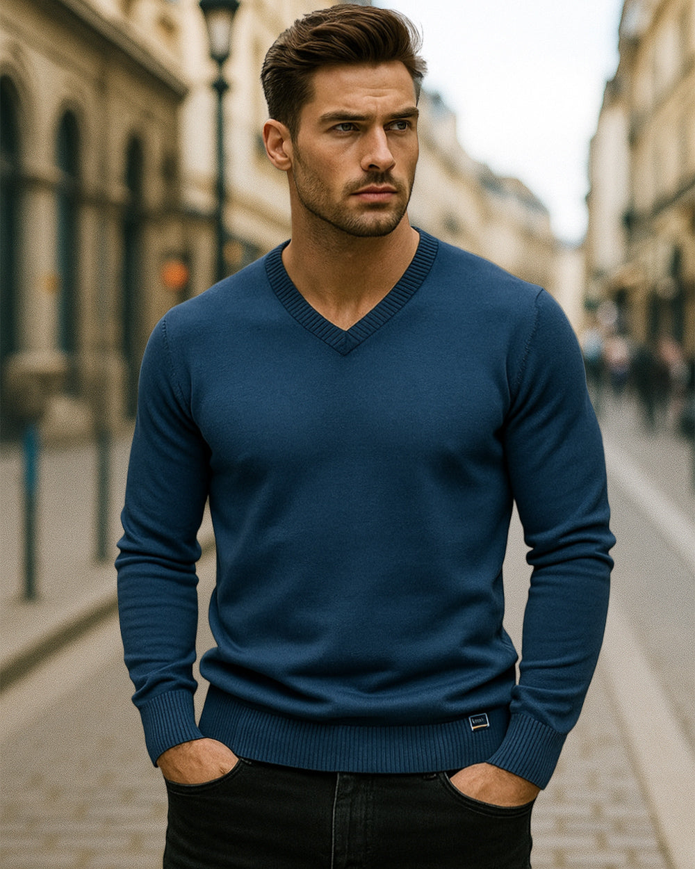Close-up of men's ribbed V-neck sweater, showcasing knit texture and quality fabric.