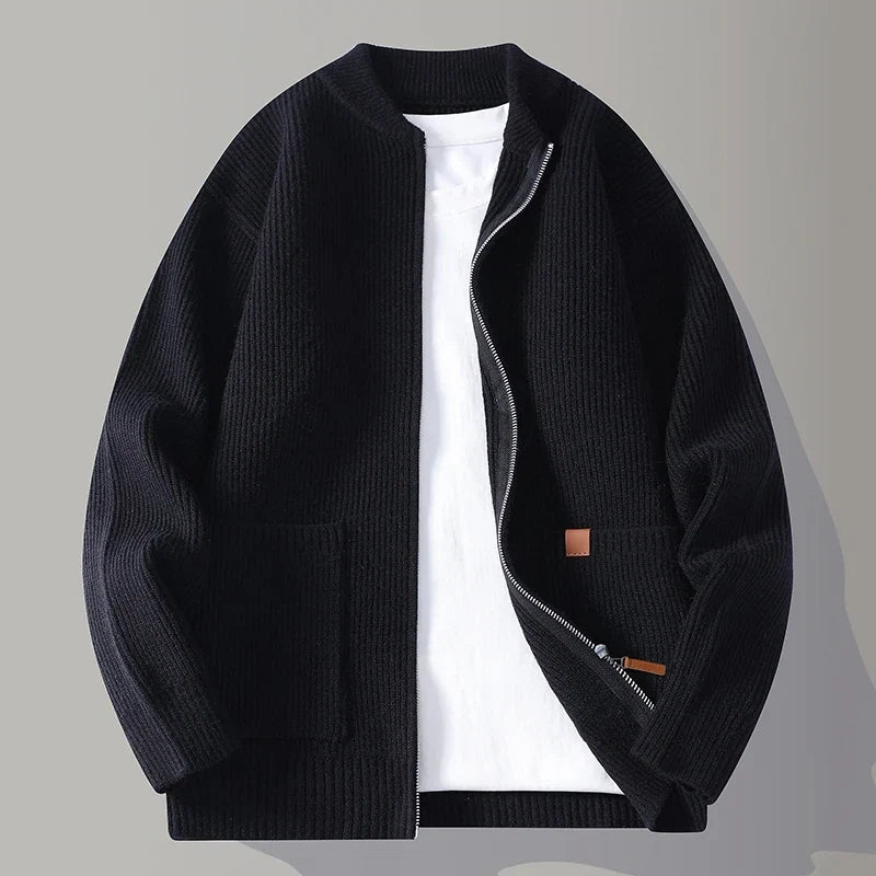Man wearing a comfortable ribbed zip-front jacket, ideal for casual men's fall & winter style. Everyday layering piece.