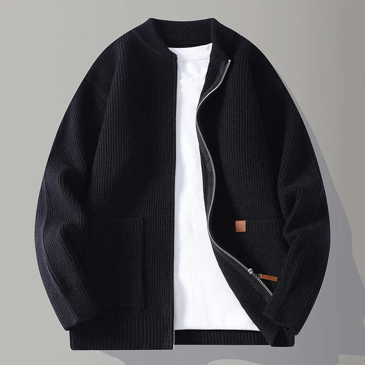 Man wearing a comfortable ribbed zip-front jacket, ideal for casual men's fall & winter style. Everyday layering piece.