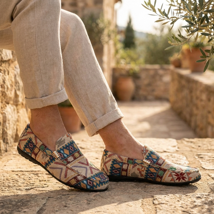 Men's comfortable Rio casual slip-on shoes showcasing a unique Aztec design, great for everyday summer style.