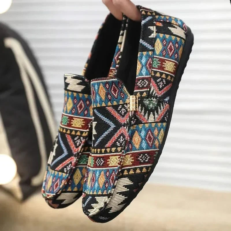Easy-wear men's slip-on loafers, Rio model, with an eye-catching Aztec pattern, perfect for casual fashion footwear.