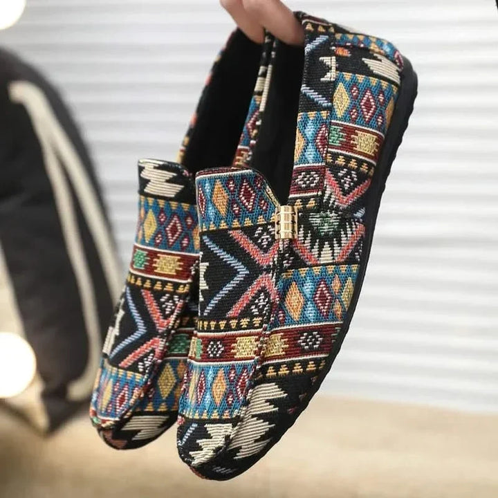 Easy-wear men's slip-on loafers, Rio model, with an eye-catching Aztec pattern, perfect for casual fashion footwear.