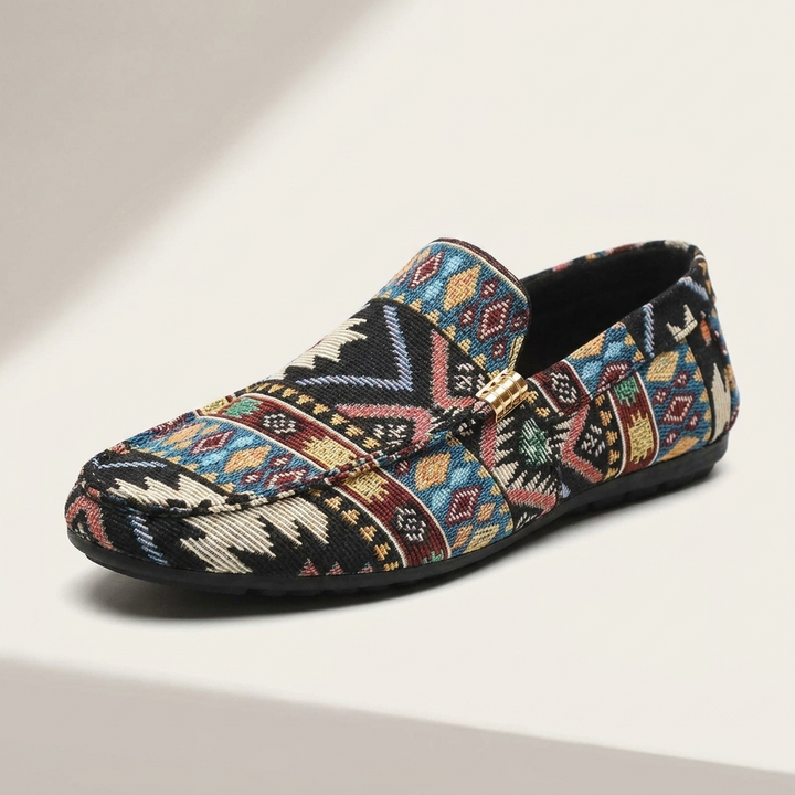 Men's Rio casual slip-on shoes, comfortable everyday footwear with a fashionable Aztec design.