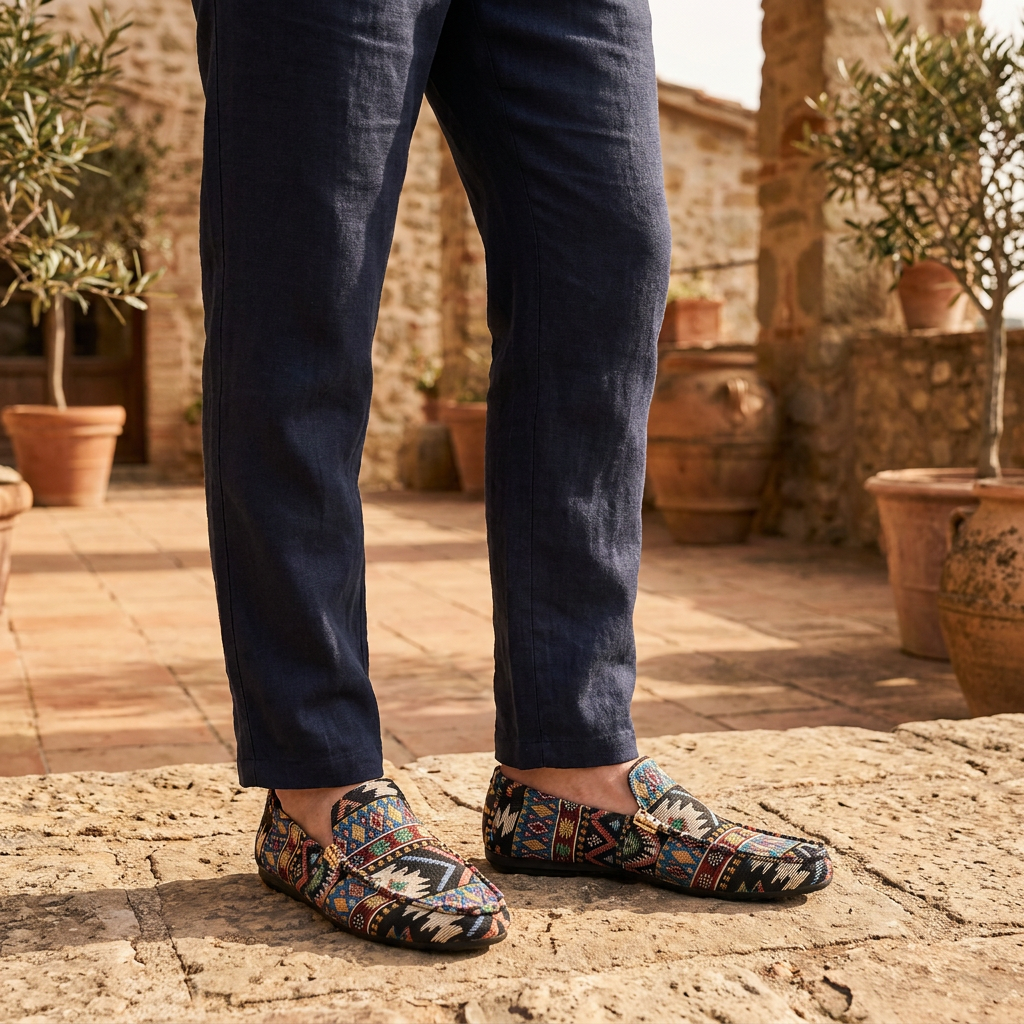 Unique men's Rio casual slip-on shoes with an authentic Aztec pattern, excellent for comfortable summer fashion.
