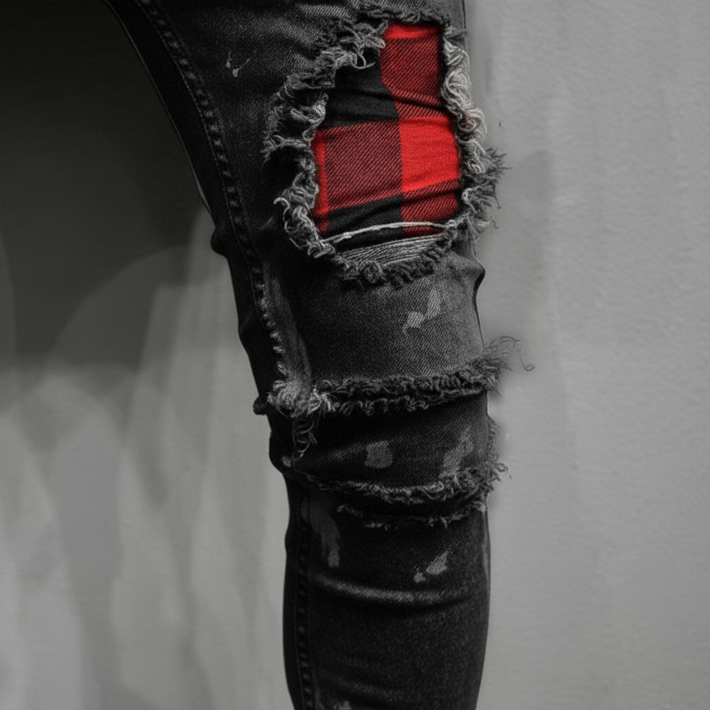 Full-length view of men's distressed slim fit jeans, featuring multiple patches & trendy rips.