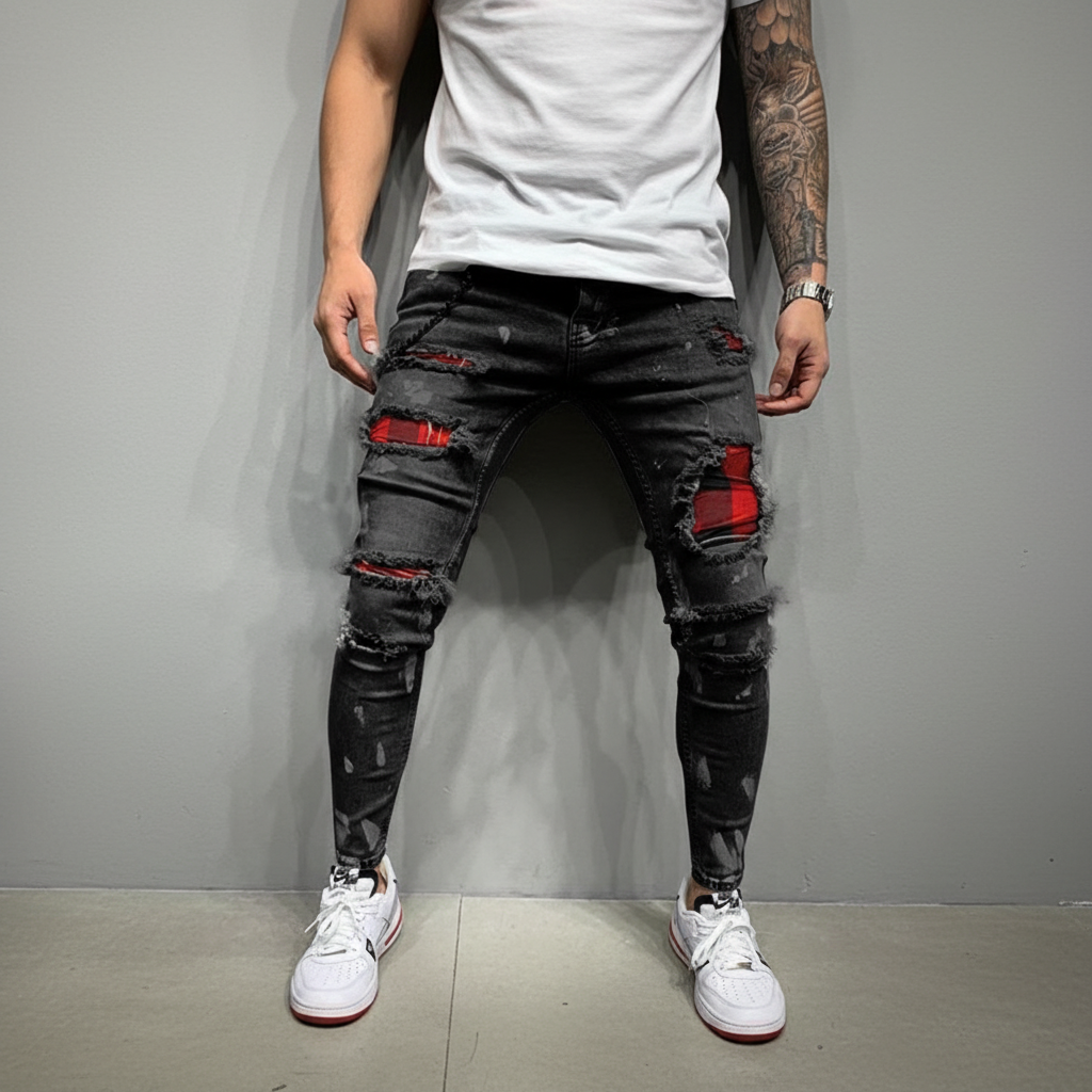 Back view of men's patched ripped jeans, highlighting slim fit, denim texture & pocket details.
