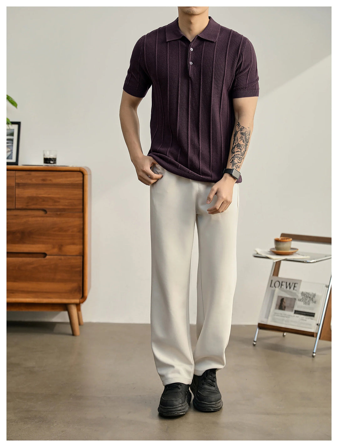 White sophisticated men's polo, short sleeve with a unique texture, versatile.
