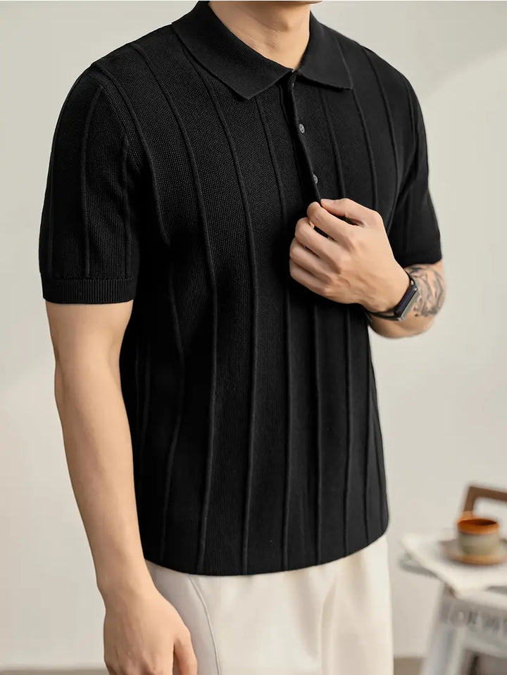 Stylish olive men's polo, buttonless design, textured for versatility, daily wear.