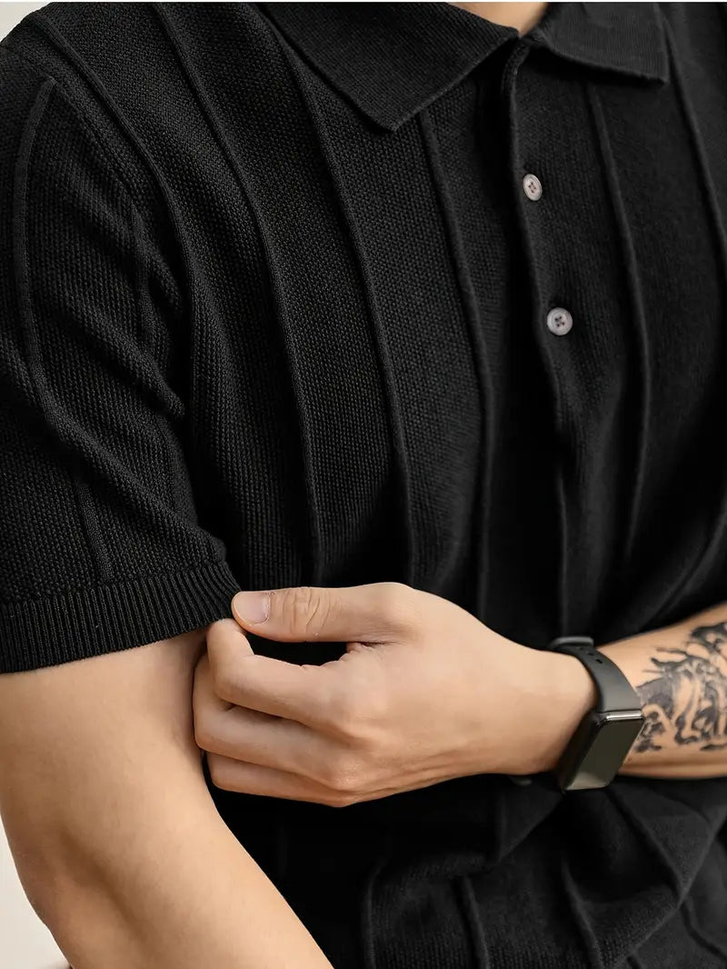 Black short sleeve men's polo, slim fit, and elegant textured knit, comfortable.
