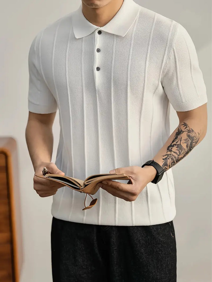 Slim fit textured polo for men, short sleeve, and buttonless style, comfortable.