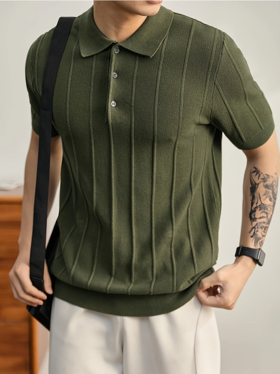 Stylish olive textured knit polo for men, sophisticated and perfect for smart casual.