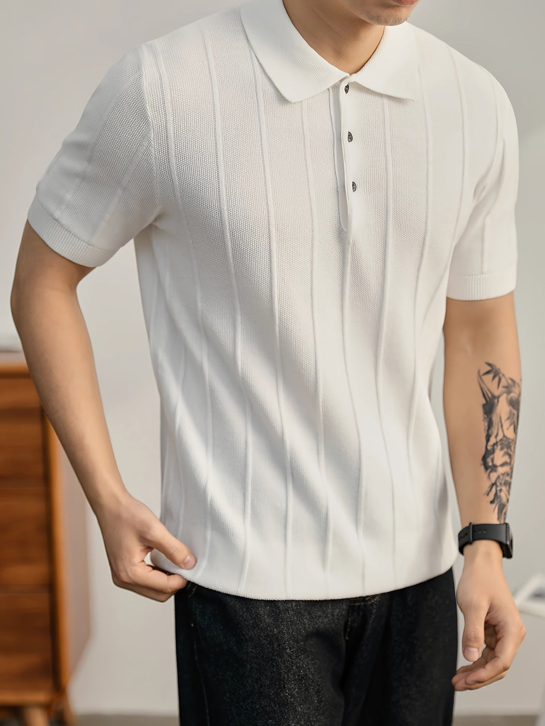 Olive men's sophisticated polo, textured knit, and comfortable for all-day wear.
